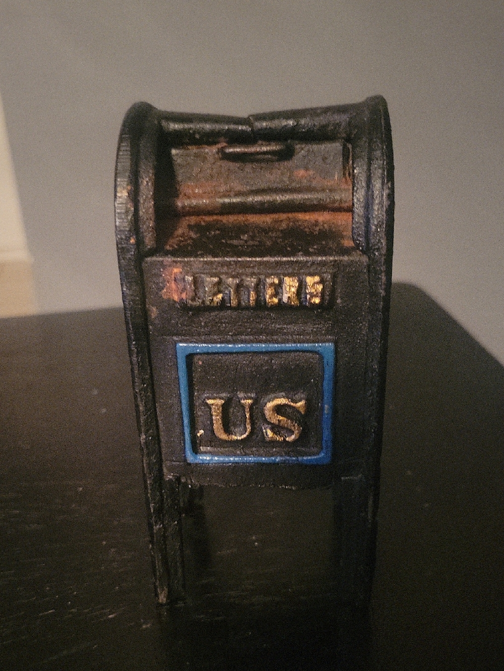 Vintage US Letter Mailbox Cast Iron Bank - Black with Blue and Gold Accents